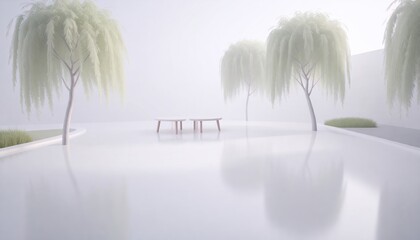 Minimalist Willow Trees with Bench on White Surface
