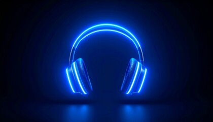 Glowing 3D Headset Icon on Deep Black Seamless Backdrop with Luminous Edges for Modern Tech Visuals