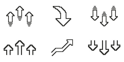 Pixel Art Arrow Icon Set. Directional Navigation And Trend Indicators In Pixelated Style. Upward, Downward, And Curved Arrows For Movement And Progress Representation. Isolated Vector Illustration