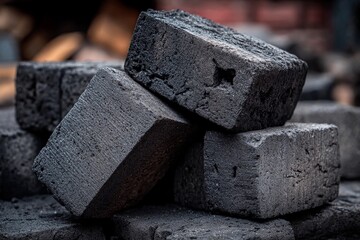 Charcoal blocks are stacked haphazardly at a construction site, showcasing their dark texture and geometric shapes in the warm afternoon light, with raw materials in the background