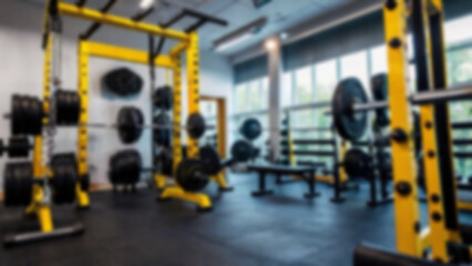 Fototapeta premium Abstract blurred fitness center with equipment as background, modern theme with complete equipment, bright light, blurred gym background.