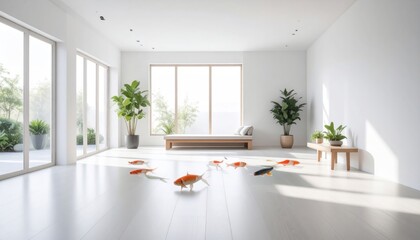 Koi Fish Swimming on Floor in Minimalist White Room