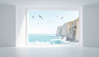 Coastal Cliff View with Flying Bird and White Room