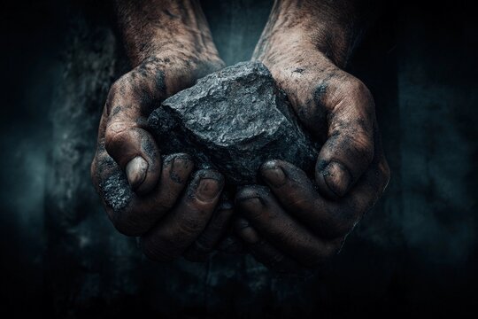 Two rugged hands grip a rough stone, symbolizing hard work and perseverance. The background is dark and moody, emphasizing the texture of both hands and stone