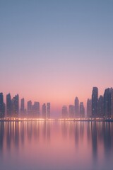 Obraz premium close-up of dubai iconic skyline at dusk enveloped in soft light with prominent architectural structures
