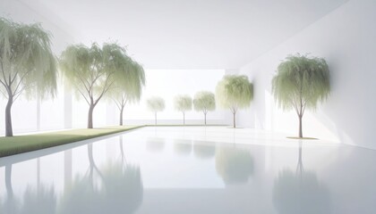 Minimalist Trees in White Room Reflection