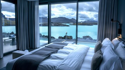 Modern interior of a hotel room with a luxurious king-size bed and panoramic view of the blue lagoon. Luxury vacation concept.
