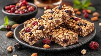 Healthy granola bars with berries and nuts.  Delicious and nutritious snack