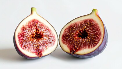 Aesthetic Cut Open Fig on Plain White Surface with Intense Lighting for Culinary and Food Photography Inspiration