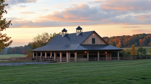 Modern barn at sunrise with fall foliage in background.