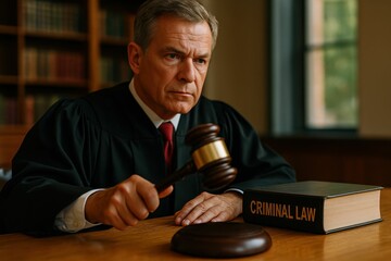 A judge is depicted with a gavel on a wooden table indoors in a closeup shot, symbolizing criminal law