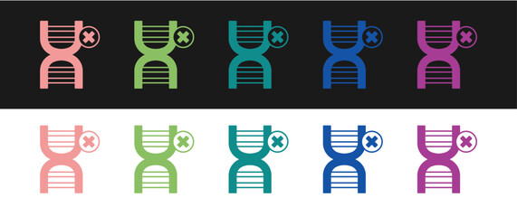 Set No GMO icon isolated on black and white background. Genetically modified organism acronym. Dna food modification. Vector