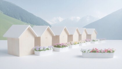 Row of Houses with Flower Boxes in Front of Mountains