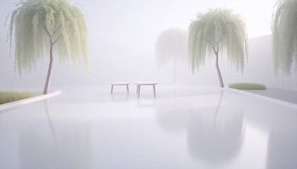 Minimalist Garden with Willow Trees and Tables in Fog