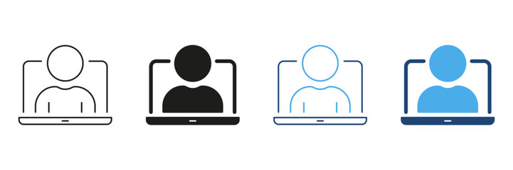 Person On Laptop Screen Line And Solid Icon Set. Virtual Meeting, Online Communication, Remote Work Silhouette Symbol Collection. Digital Interaction And Connectivity. Isolated Vector Illustration