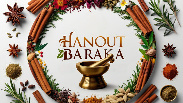 A beautifully crafted circular logo design for Hanout Baraka, highlighting natural medicinal spices and organic plant elements for a holistic branding experience.