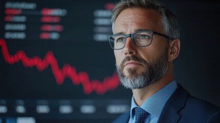 Business professional analyzing market trends with focused expression