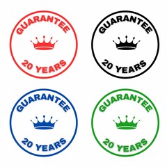 set of 20 years guarantee stamp, label, stamp tag, icon for advertising, marketing and promotion, stamp for packaging bag, box.