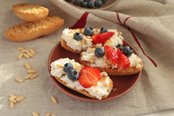Crostini with ricotta, berries, pine nuts. Slices of toasted bread with cheese for breakfast. A healthy meal and snack.