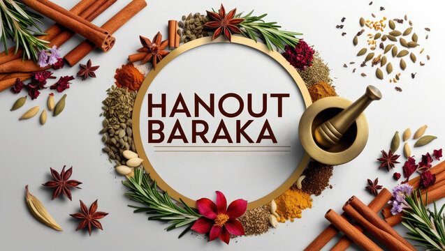 Stunning herbal branding concept for Hanout Baraka, emphasizing authenticity, tradition, and the richness of natural plant-based wellness.