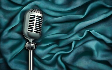 Retro microphone on teal silk background for audio recording