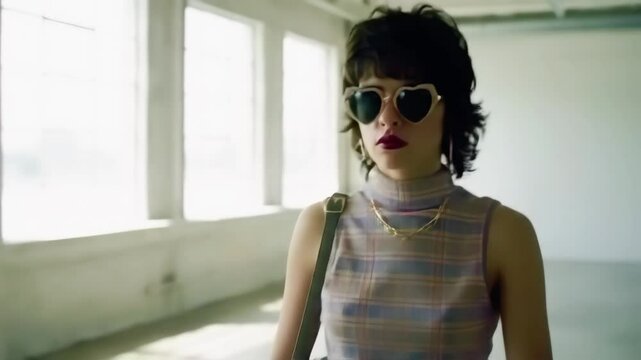 Young woman walks confidently in stylish heart-shaped sunglasses
