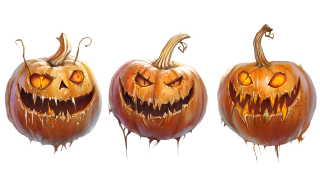 Spooky Halloween Pumpkins with Funny Faces Isolated on Transparent Background