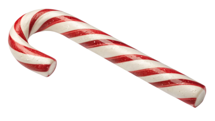 A candy cane with red and white swirls, shaped like a hook, against a black background.