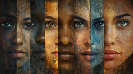 Close-up of diverse women's faces, artistic texture.