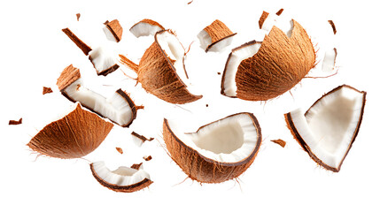 Unique Crashed Broken Coconut in Mid-Air with Falling Pieces, Conceptual Imagery for Design Projects