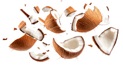 Unique Crashed Broken Coconut in Mid-Air with Falling Pieces, Conceptual Imagery for Design Projects