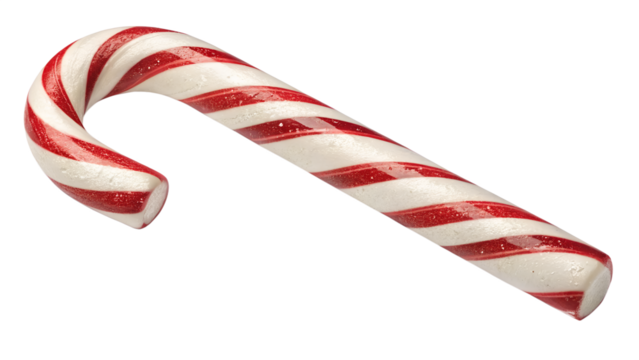 A candy cane with red and white swirls, shaped like a hook, against a black background.