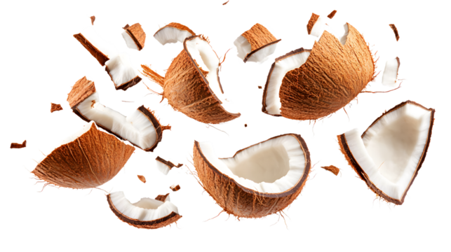 Unique Crashed Broken Coconut in Mid-Air with Falling Pieces, Conceptual Imagery for Design Projects