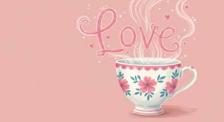 Charming teacup illustration with the word love.