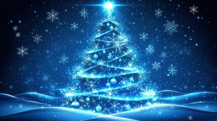 Festive blue Christmas tree with star topper, ornaments, and snowflakes on a snowy background. Holiday season design for greeting cards, invitations, or festive backgrounds.