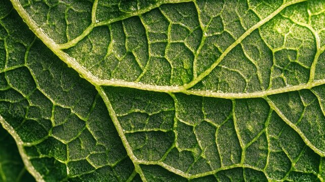 A close-up of morning dew on a fresh green leaf, magnifying its texture