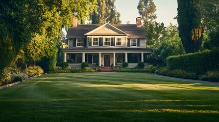 Obraz premium Modern Home with Green Lawn and Colorful Flower Garden in Front Yard