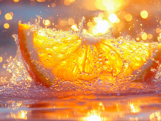 A fresh, juicy orange is cut in half, drops of juice sparkle in the sun. Composition with a ripe orange and many splashes and drops of water that splash dynamically. On an orange sunny background.