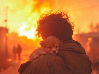 A small puppy in the arms of his savior. The man carried him out of the fire.