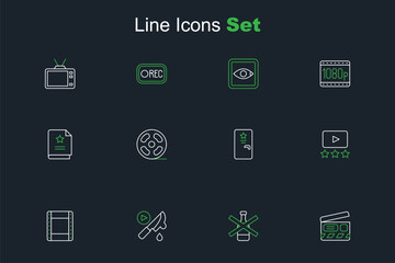 Naklejka premium Set line Movie clapper, No alcohol, Thriller movie, Play video, Rating, Backstage, Film reel and Scenario icon. Vector