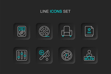 Set line Actor star, Camera shutter, Thriller movie, Sound mixer controller, Scenario, Cinema chair, Film reel and CD disk award frame icon. Vector