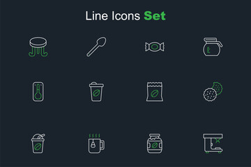 Naklejka premium Set line Coffee machine, jar bottle, Cup tea with bag, Iced coffee, Cookie or biscuit, Bag beans, cup to go and thermometer icon. Vector