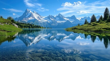 Fototapeta premium A crystal-clear alpine lake reflecting snow-capped peaks under a blue sky