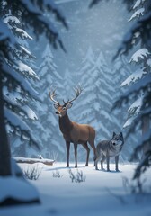 Fototapeta premium Winter's Embrace: Stag and Wolf in Snowy Forest AI Generated