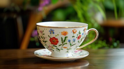 A delicate porcelain teacup with intricate hand-painted floral designs