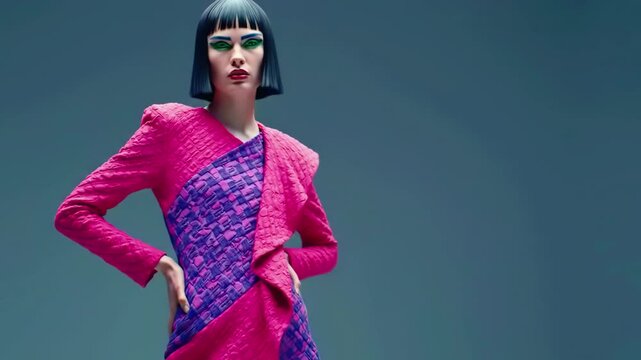 A model showcases a striking design featuring vibrant pink and purple colors