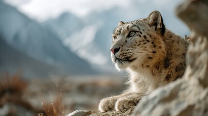Fototapeta premium Majestic snow leopard rests on rocky terrain, gazing at distant