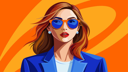  portrait Young woman wearing orange sunglasses, top, blue suit against orange background. Stylish, confident, fashionable model poses in studio, trendy outfit for fashion magazines. a Very beautiful 