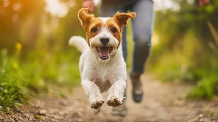 A dog running towards its owner, tail wagging with pure excitement