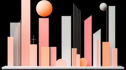 Obraz premium A modern art piece featuring a cityscape with buildings of varying heights and colors, set against a black background.